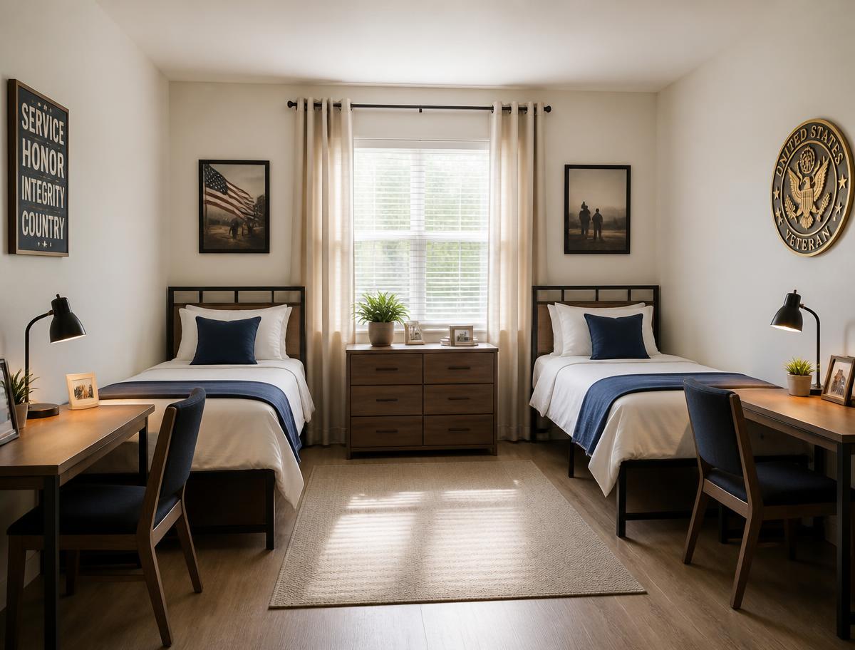 Furnished shared bedroom with two beds and two desks in a Bluewave Homes residence
